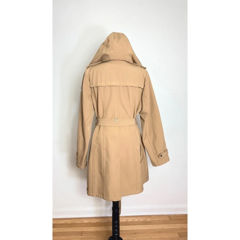Michael Kors Tan Hooded Zip Up Trench Coat Jacket Size Large Classic Chic Winter